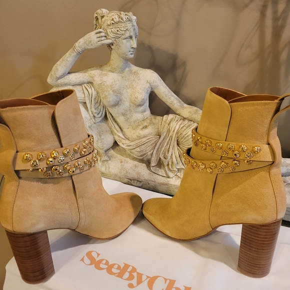 See by Chloe Lean Embellished Bootie Suede Leather Heeled Boot Size 8 #654 - Picture 12 of 14